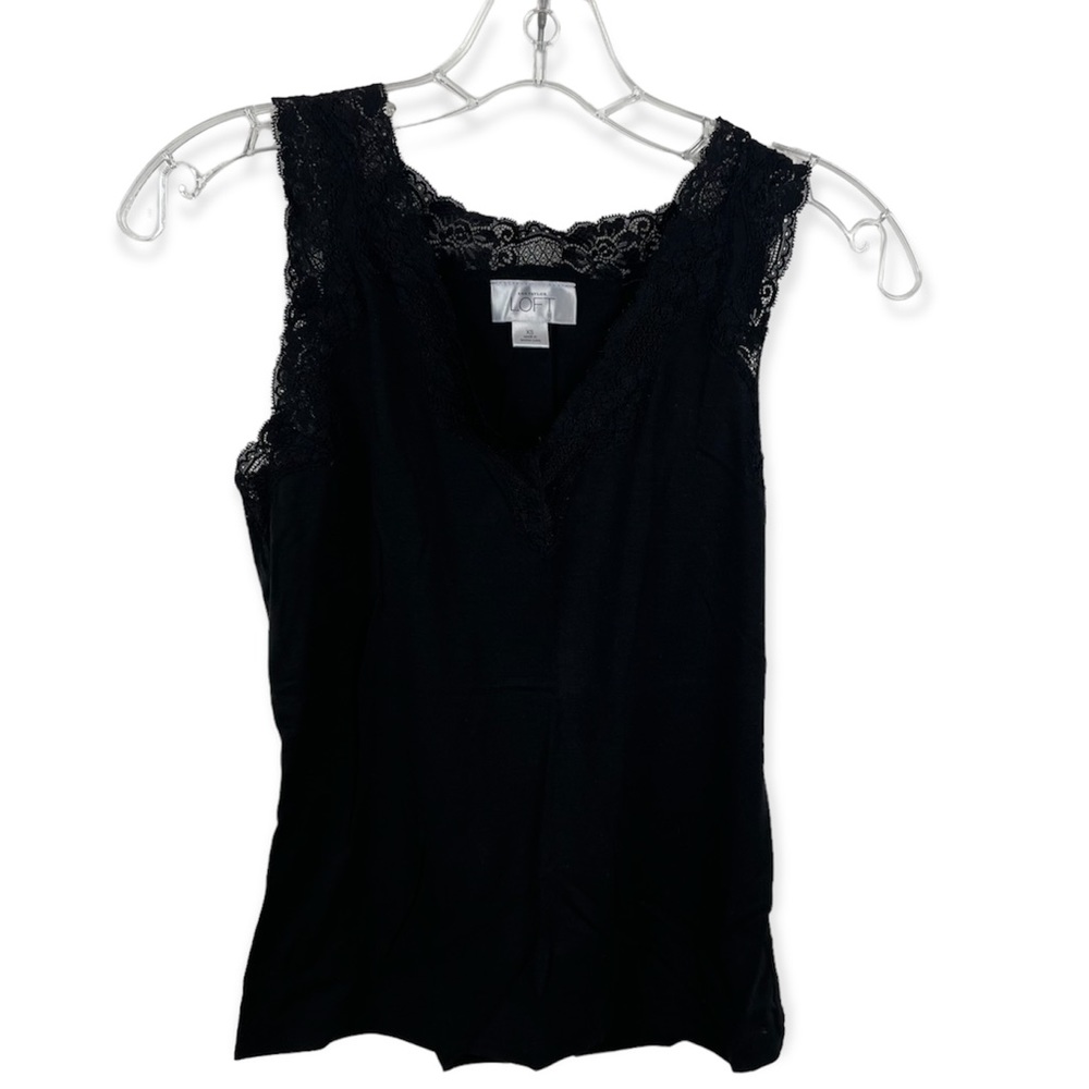 Ann Taylor Loft Black Lace Tank Top Rayon Sleeveless V Neck Y2K Women's Size XS